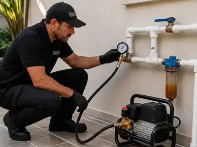 Técnico uniformizado testando pressão da tubulação com manômetro e máquina profissional