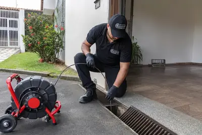 Técnico uniformizado desobstruindo grelha de águas fluviais de uma residência
