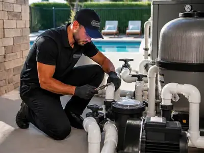 Técnico uniformizado fazendo manutenção na tubulação da casa de máquinas da piscina