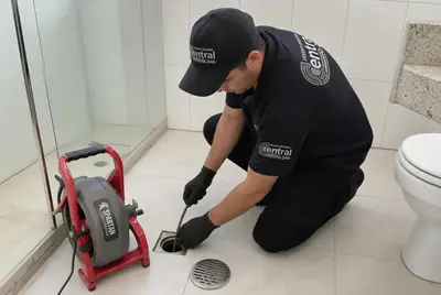 Técnico uniformizado desentupindo um ralo com cabo profissional